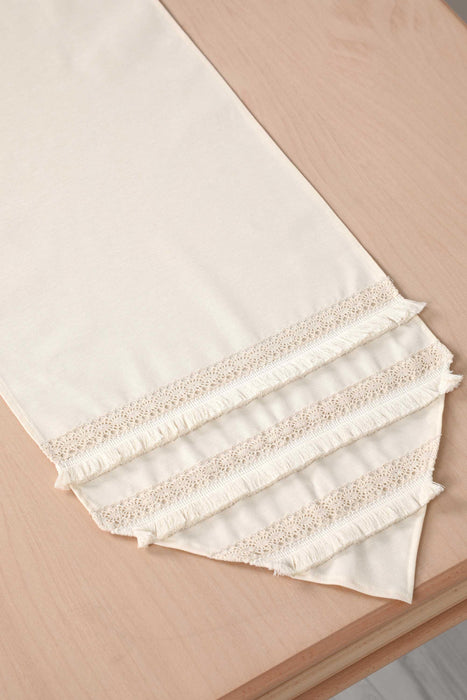 Elegant Cream Table Runner with Vintage Lace Trim and Fringes, 36x12 Inches Classic Ivory Colour Linen Tablecloth Runner,R-45K