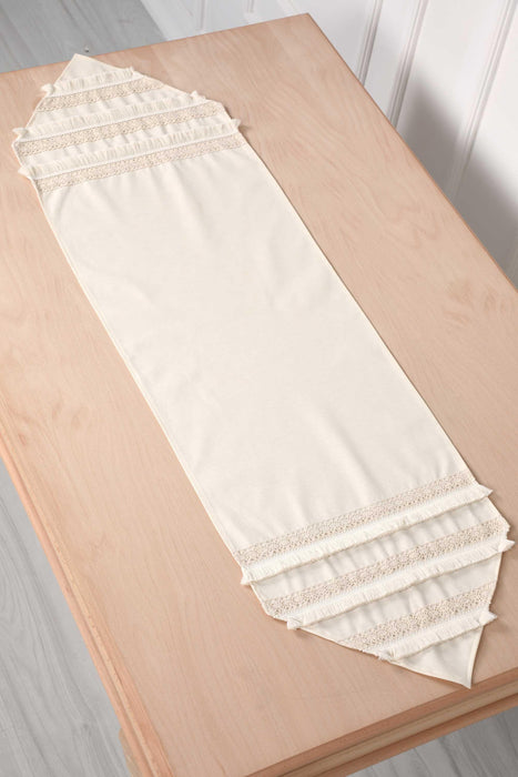 Elegant Cream Table Runner with Vintage Lace Trim and Fringes, 36x12 Inches Classic Ivory Colour Linen Tablecloth Runner,R-45K