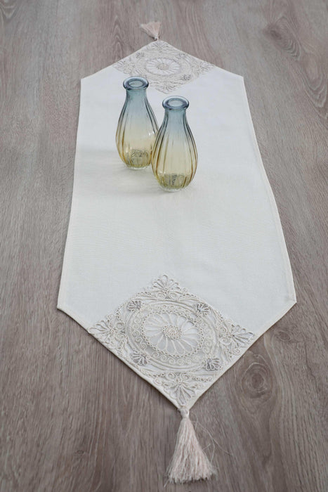 Table Runner with Handmade Trimmed Ornament and Tassel 16 x 48 inches (40 x 120 cm) Machine Washable Fringed Table Cloth with Lace for Home Kitchen Decorations Parties, BBQ's, Everyday, Holidays,R-52O