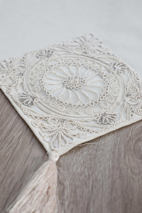 Table Runner with Handmade Trimmed Ornament and Tassel 16 x 48 inches (40 x 120 cm) Machine Washable Fringed Table Cloth with Lace for Home Kitchen Decorations Parties, BBQ's, Everyday, Holidays,R-52O