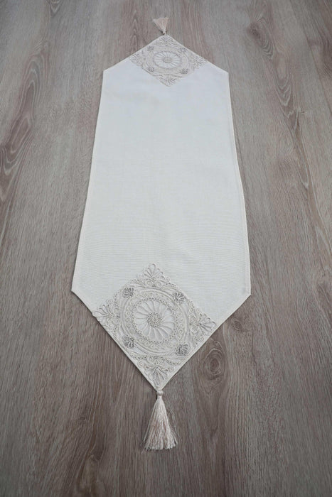 Table Runner with Handmade Trimmed Ornament and Tassel 16 x 55 inches (40 x 140 cm) Machine Washable Fringed Table Cloth with Lace for Home Kitchen Decorations Parties, BBQ's, Everyday, Holidays,R-52B