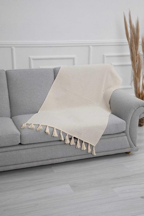 Bohemian Cotton Sofa Shawl with Handmade Tassels, Large Luxurious Sofa Shawl for Living Room, Neutral Textured Couch Blanket,KS-1