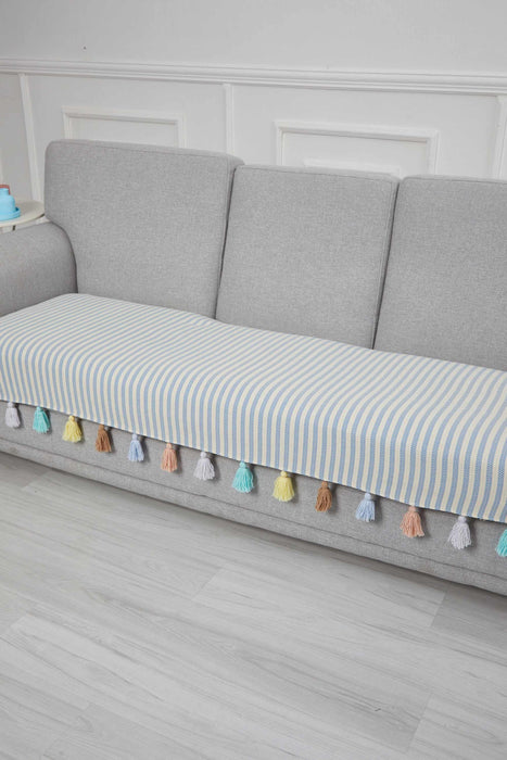 Tasselled Reversible Cotton Sofa Cover 90x210 cm Furniture Protector Washable Couch Trimmed Cover for Kids, Dogs, Pets,KO-20