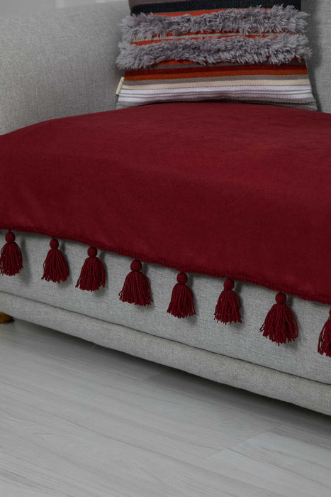 Tasselled Reversible Knitted Polyester Decorative Sofa Shawl and Throw Blanket Furniture Protector Washable Cover for Family,KO-26 Maroon