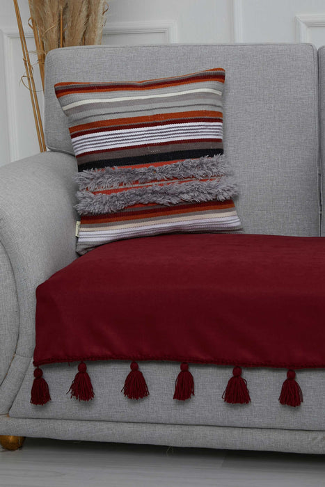 Tasselled Reversible Knitted Polyester Decorative Sofa Shawl and Throw Blanket Furniture Protector Washable Cover for Family,KO-26 Maroon