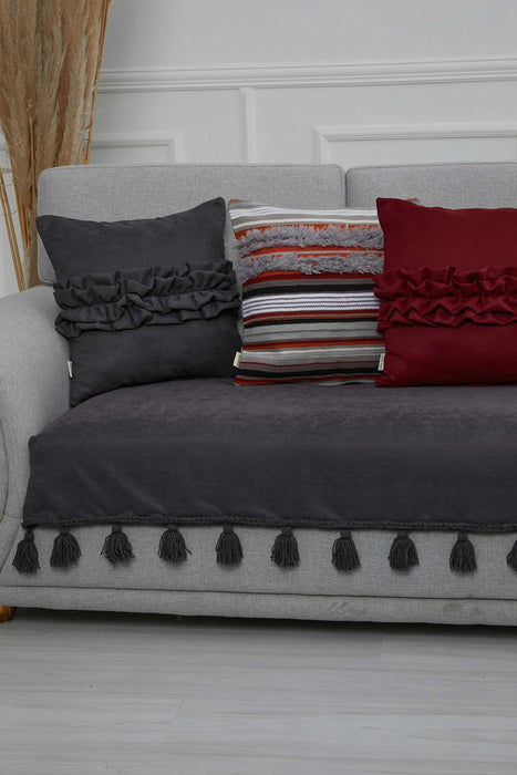 Tasselled Reversible Knitted Polyester Decorative Sofa Shawl and Throw Blanket Furniture Protector Washable Cover for Family,KO-26 Grey