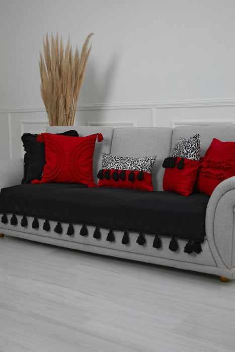 Tasselled Reversible Knitted Polyester Decorative Sofa Shawl and Throw Blanket Furniture Protector Washable Cover for Family,KO-26 Black