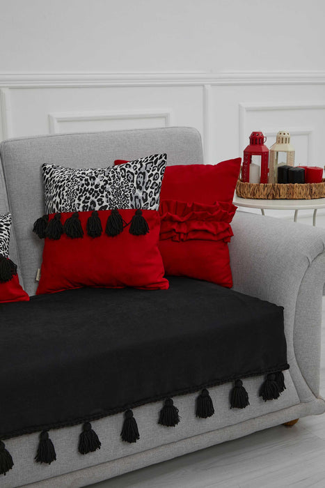 Tasselled Reversible Knitted Polyester Decorative Sofa Shawl and Throw Blanket Furniture Protector Washable Cover for Family,KO-26 Black