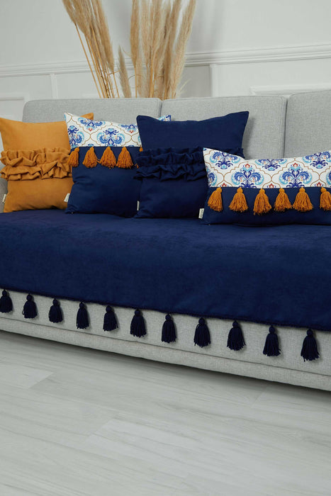 Tasselled Reversible Knitted Polyester Decorative Sofa Shawl and Throw Blanket Furniture Protector Washable Cover for Family,KO-26 Blue