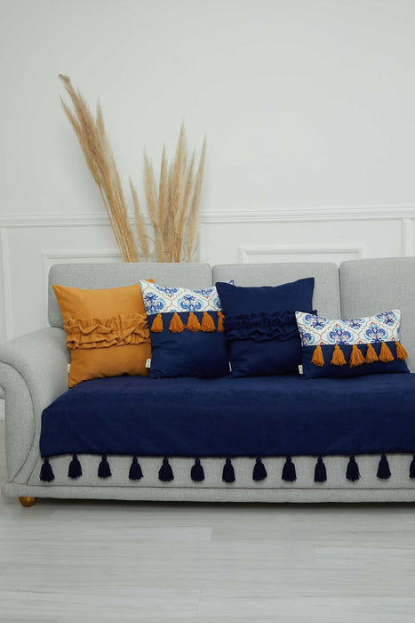 Tasselled Reversible Knitted Polyester Decorative Sofa Shawl and Throw Blanket Furniture Protector Washable Cover for Family,KO-26 Blue