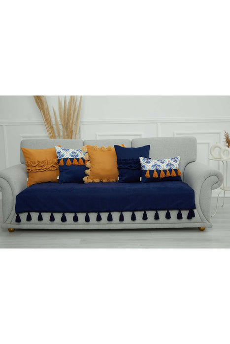 Tasselled Reversible Knitted Polyester Decorative Sofa Shawl and Throw Blanket Furniture Protector Washable Cover for Family,KO-26 Blue