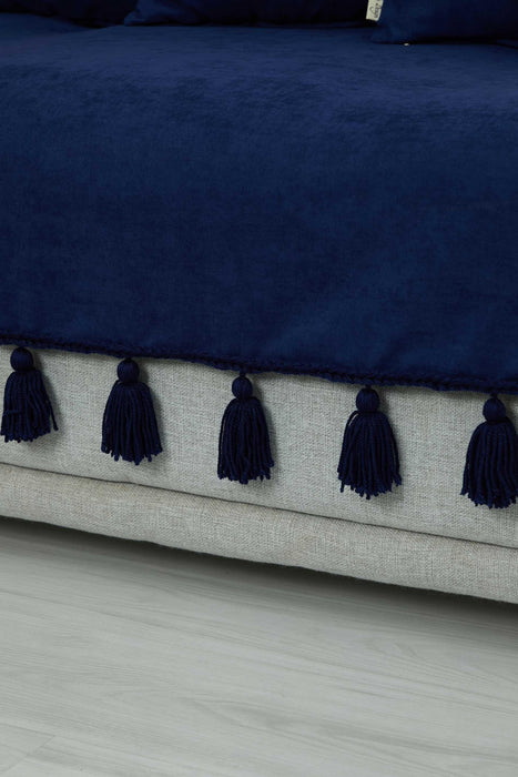 Tasselled Reversible Knitted Polyester Decorative Sofa Shawl and Throw Blanket Furniture Protector Washable Cover for Family,KO-26 Blue