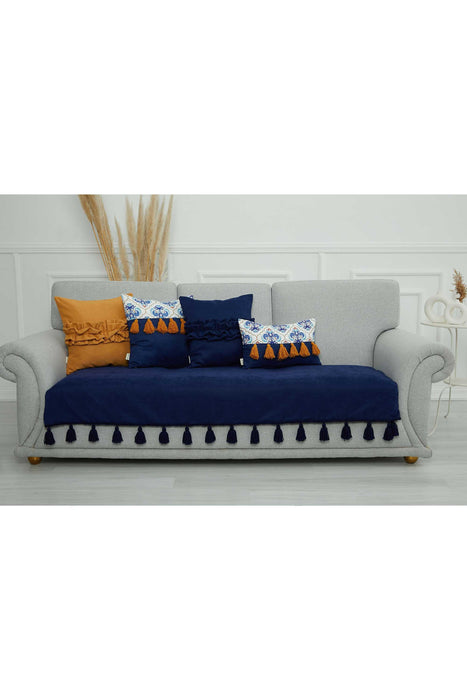 Tasselled Reversible Knitted Polyester Decorative Sofa Shawl and Throw Blanket Furniture Protector Washable Cover for Family,KO-26 Blue