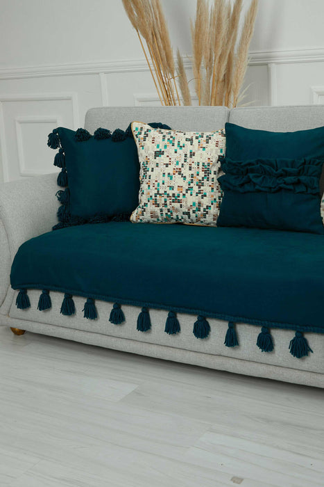 Tasselled Reversible Knitted Polyester Decorative Sofa Shawl and Throw Blanket Furniture Protector Washable Cover for Family,KO-26 Petrol Blue