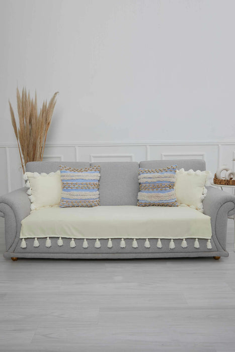 Tasselled Reversible Knitted Polyester Decorative Sofa Shawl and Throw Blanket Furniture Protector Washable Cover for Family,KO-26 Ecru