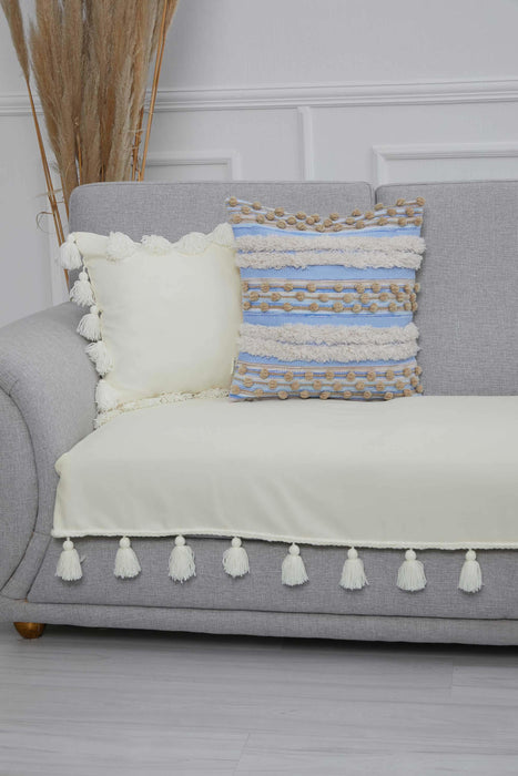 Tasselled Reversible Knitted Polyester Decorative Sofa Shawl and Throw Blanket Furniture Protector Washable Cover for Family,KO-26 Ecru