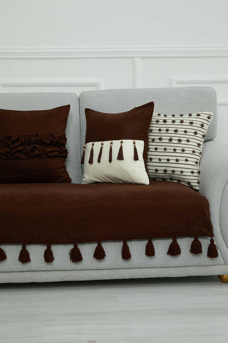 Tasselled Reversible Knitted Polyester Decorative Sofa Shawl and Throw Blanket Furniture Protector Washable Cover for Family,KO-26 Brown