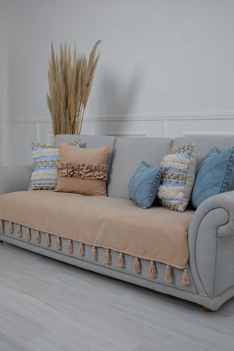 Tasselled Reversible Knitted Polyester Decorative Sofa Shawl and Throw Blanket Furniture Protector Washable Cover for Family,KO-26 Mink