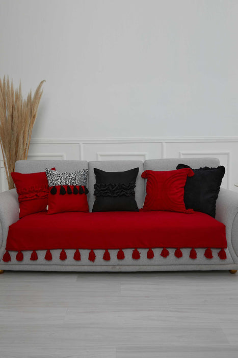 Tasselled Reversible Knitted Polyester Decorative Sofa Shawl and Throw Blanket Furniture Protector Washable Cover for Family,KO-26 Red