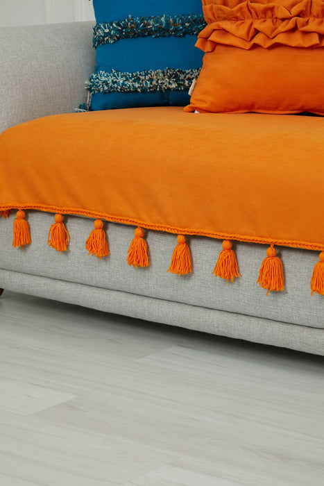 Tasselled Reversible Knitted Polyester Decorative Sofa Shawl and Throw Blanket Furniture Protector Washable Cover for Family,KO-26 Orange