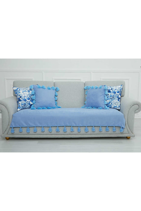 Tasselled Reversible Knitted Polyester Decorative Sofa Shawl and Throw Blanket Furniture Protector Washable Cover for Family,KO-26 Baby Blue