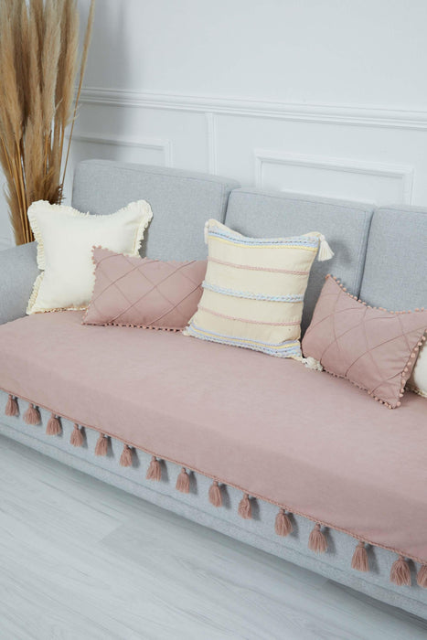 Tasselled Reversible Knitted Polyester Decorative Sofa Shawl and Throw Blanket Furniture Protector Washable Cover for Family,KO-26 Powder