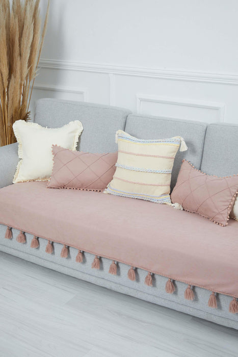 Tasselled Reversible Knitted Polyester Decorative Sofa Shawl and Throw Blanket Furniture Protector Washable Cover for Family,KO-26 Powder