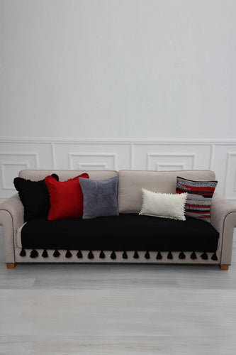Tasselled Reversible Polyester Sofa Cover 90x210 cm Furniture Protector Washable Couch Trimmed Cover for Kids, Dogs, Pets,KO-19 Black