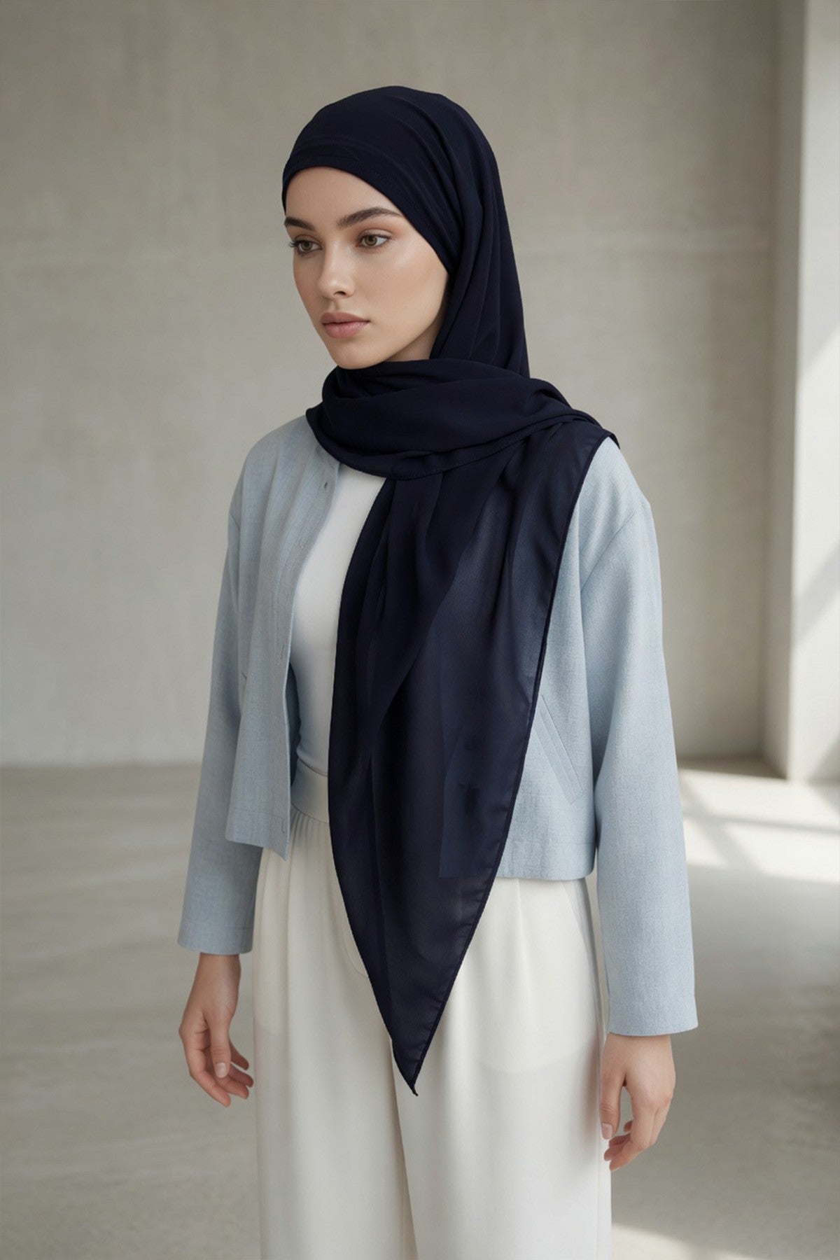 Tie-Back Chiffon Shawl Hijab with Built-In Jersey Underscarf, Non-Slip Ready-to-Wear Chiffon Hijab,PS-61 Navy Blue