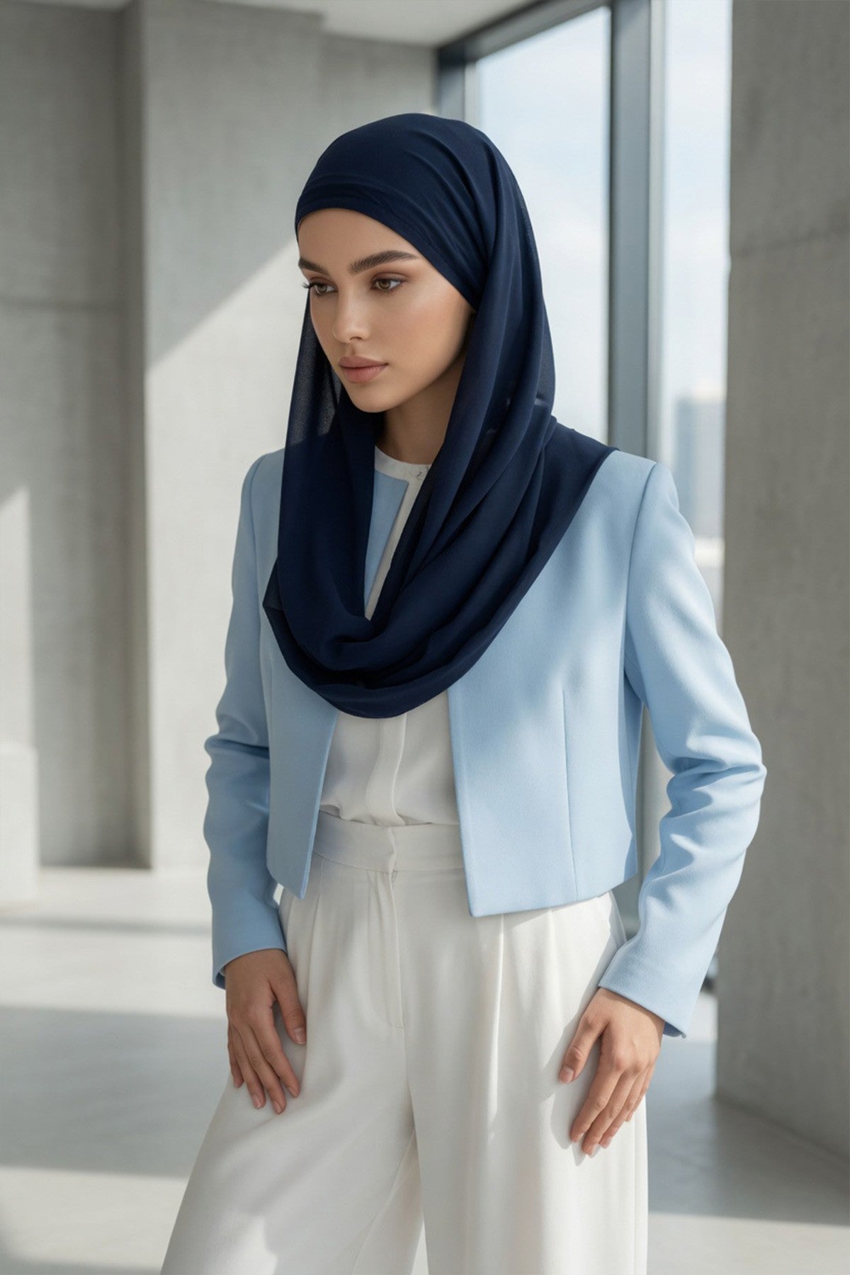 Tie-Back Chiffon Shawl Hijab with Built-In Jersey Underscarf, Non-Slip Ready-to-Wear Chiffon Hijab,PS-61 Navy Blue
