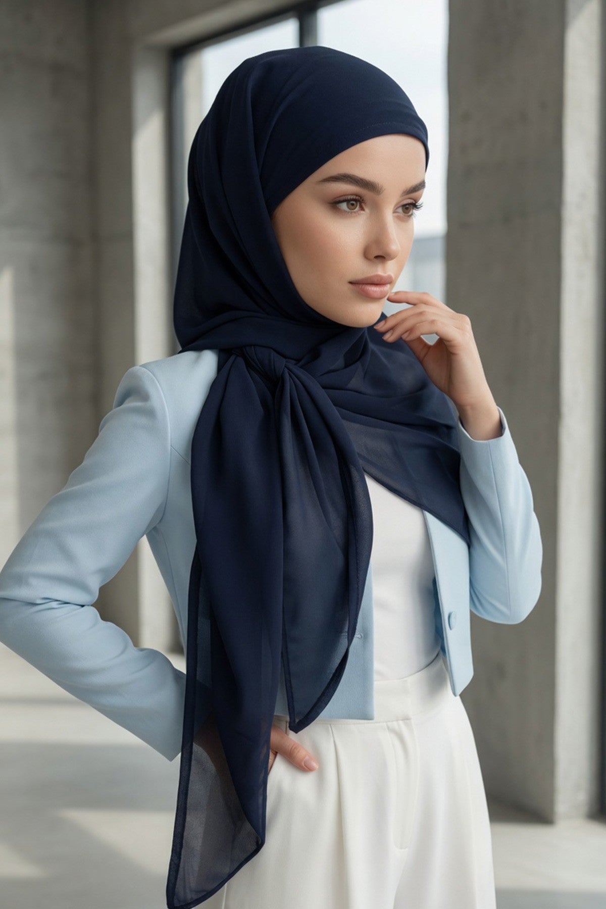 Tie-Back Chiffon Shawl Hijab with Built-In Jersey Underscarf, Non-Slip Ready-to-Wear Chiffon Hijab,PS-61 Navy Blue