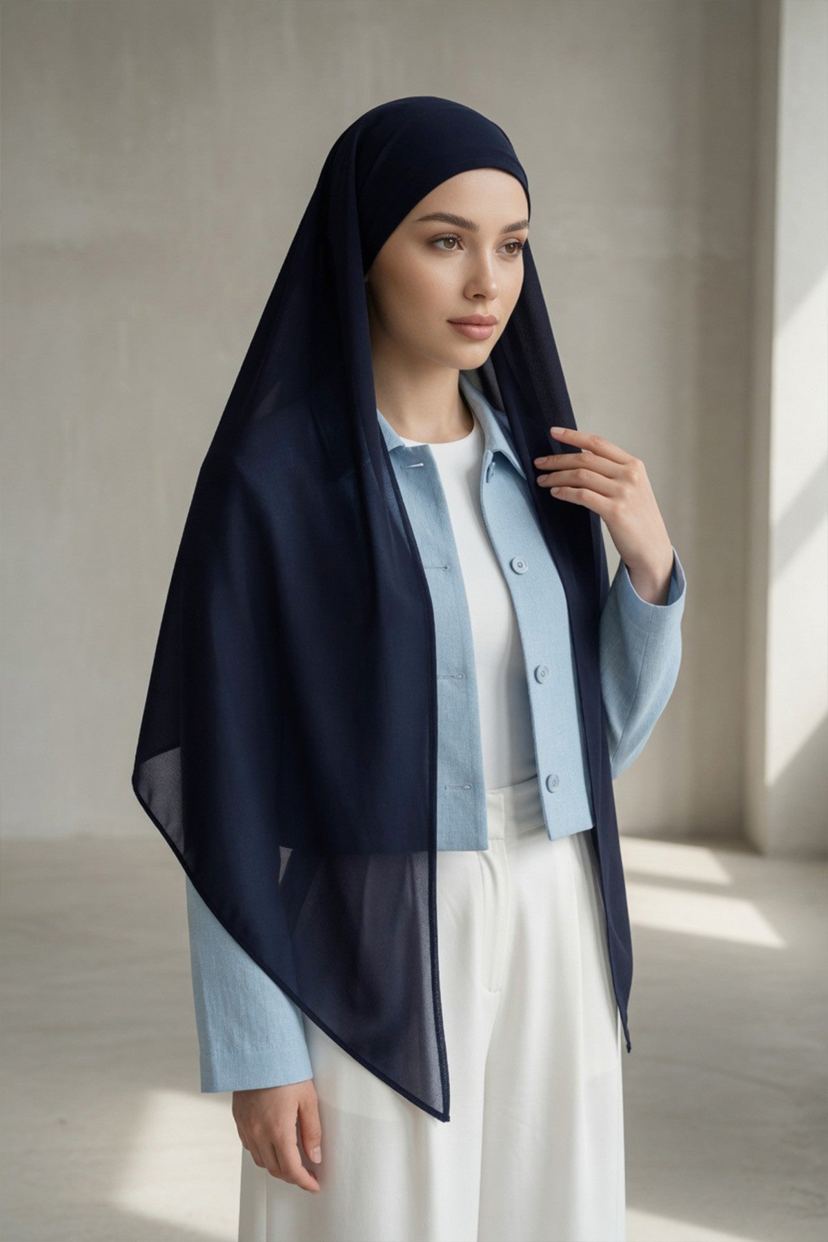 Tie-Back Chiffon Shawl Hijab with Built-In Jersey Underscarf, Non-Slip Ready-to-Wear Chiffon Hijab,PS-61 Navy Blue