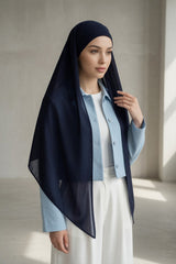 Tie-Back Chiffon Shawl Hijab with Built-In Jersey Underscarf, Non-Slip Ready-to-Wear Chiffon Hijab,PS-61 Navy Blue