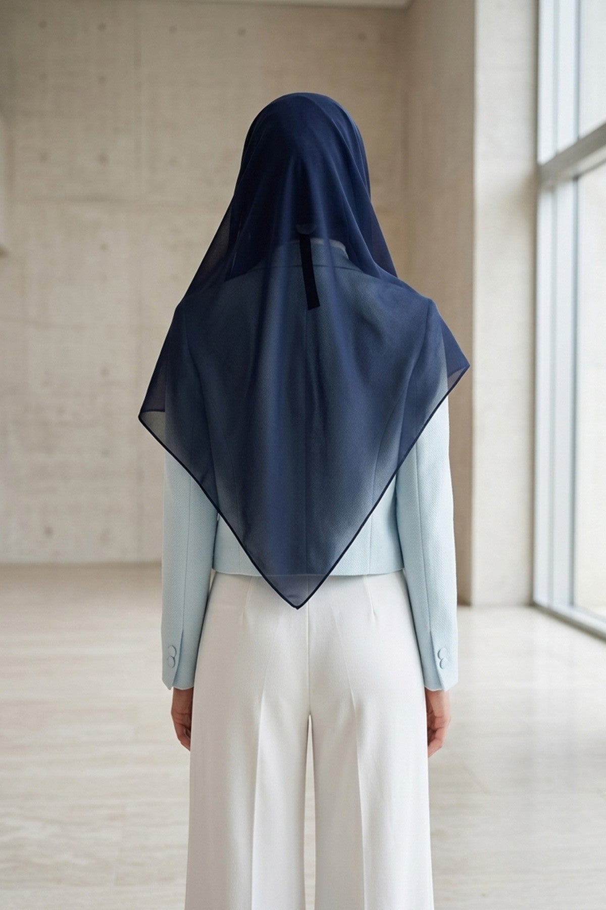 Tie-Back Chiffon Shawl Hijab with Built-In Jersey Underscarf, Non-Slip Ready-to-Wear Chiffon Hijab,PS-61 Navy Blue