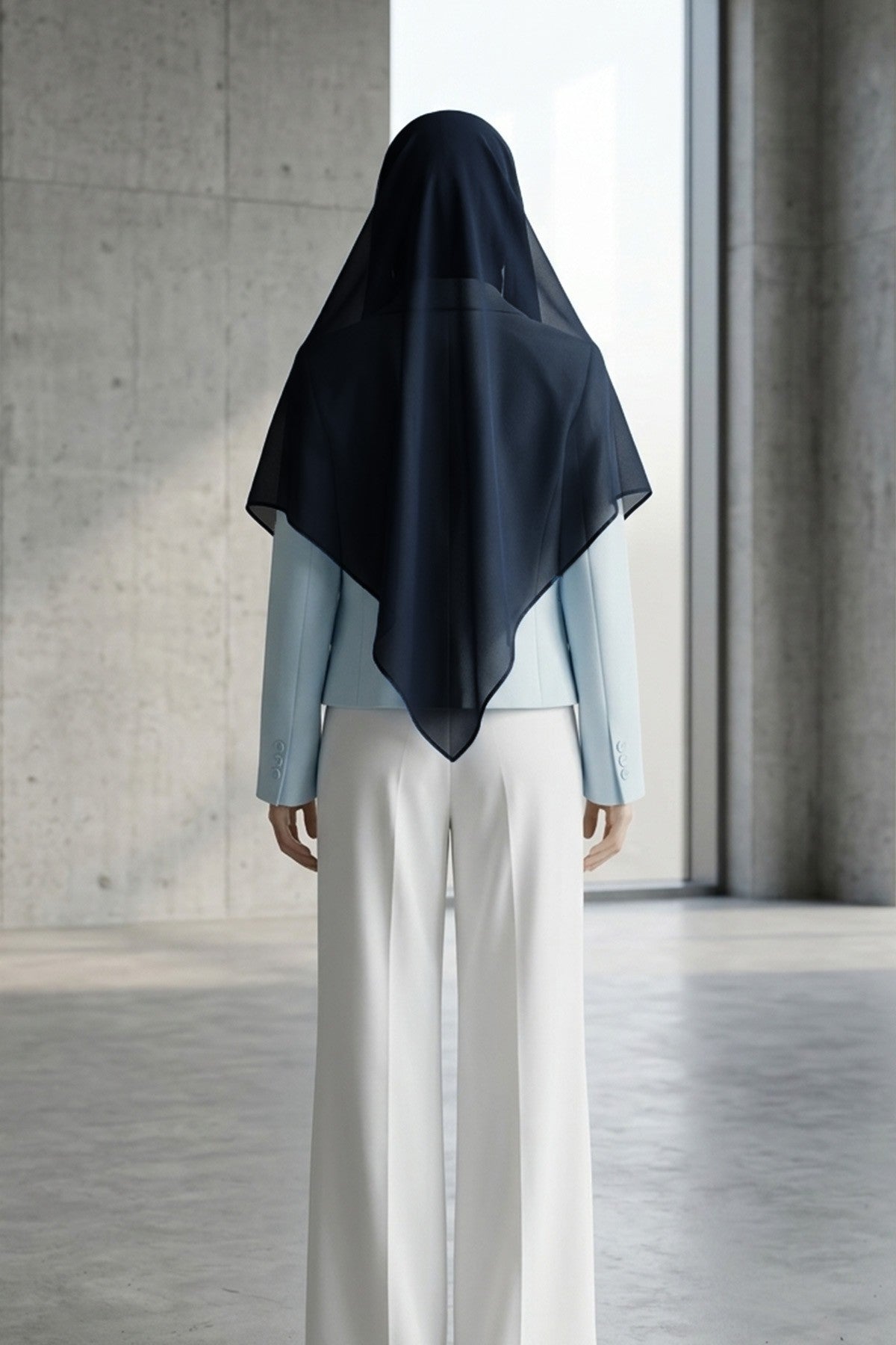 Tie-Back Chiffon Shawl Hijab with Built-In Jersey Underscarf, Non-Slip Ready-to-Wear Chiffon Hijab,PS-61 Navy Blue