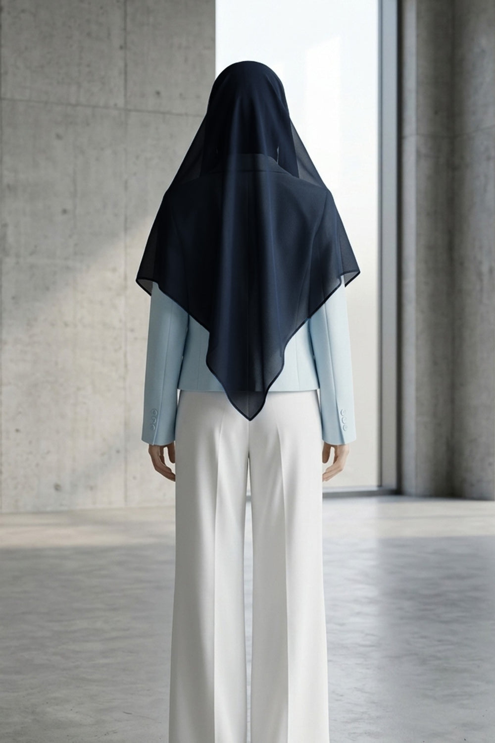 Tie-Back Chiffon Shawl Hijab with Built-In Jersey Underscarf, Non-Slip Ready-to-Wear Chiffon Hijab,PS-61 Navy Blue