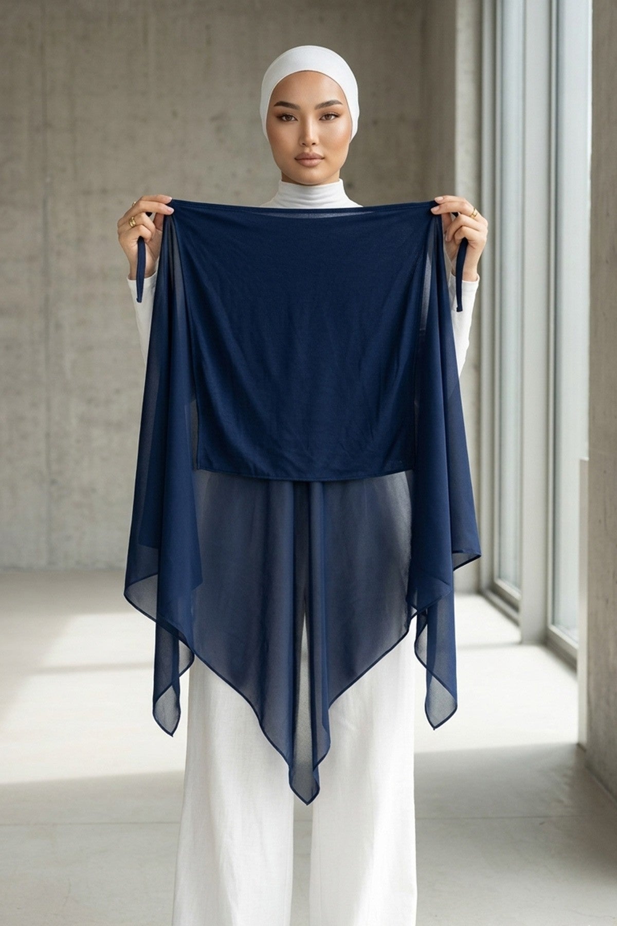 Tie-Back Chiffon Shawl Hijab with Built-In Jersey Underscarf, Non-Slip Ready-to-Wear Chiffon Hijab,PS-61 Navy Blue
