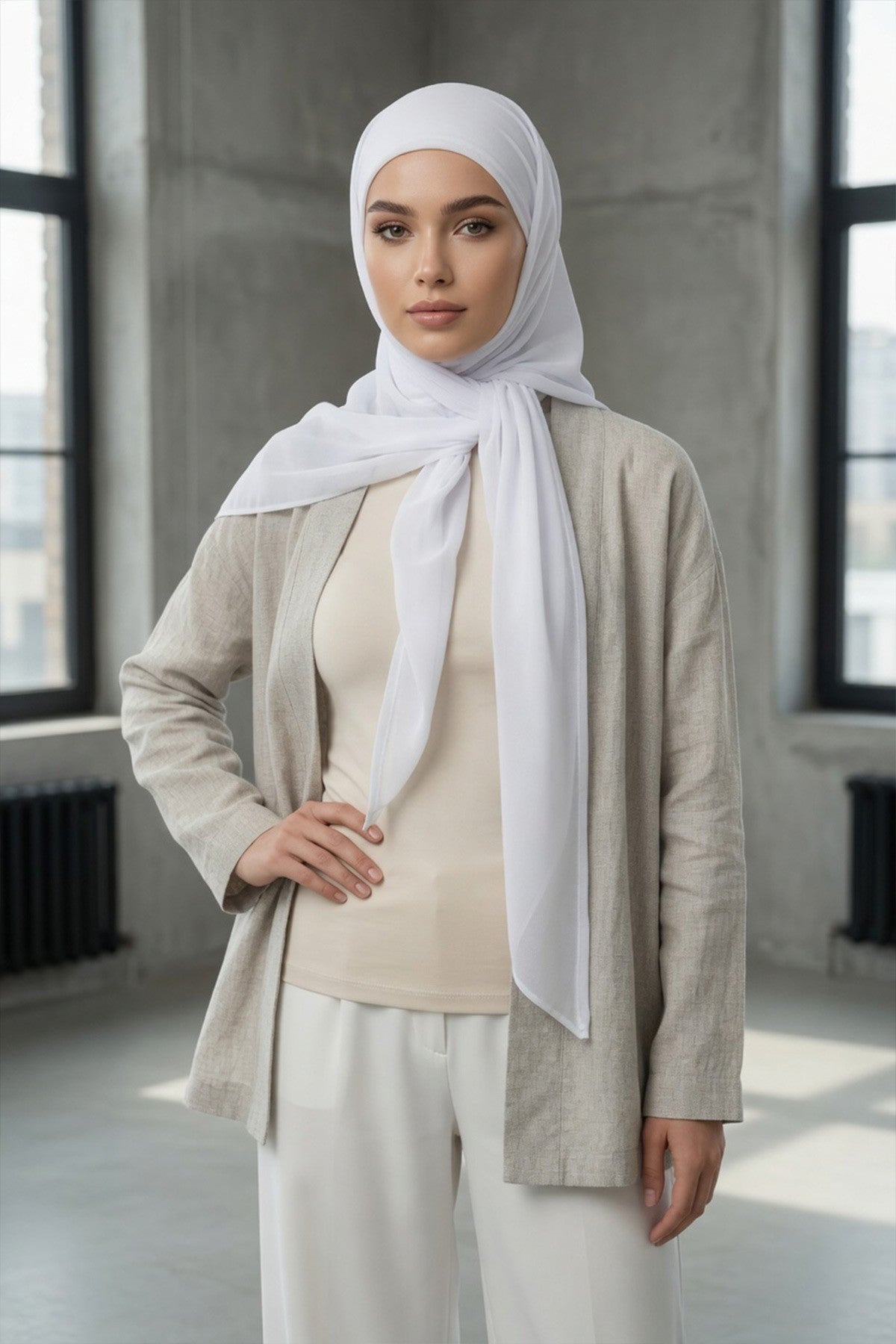 Tie-Back Chiffon Shawl Hijab with Built-In Jersey Underscarf, Non-Slip Ready-to-Wear Chiffon Hijab,PS-61 White
