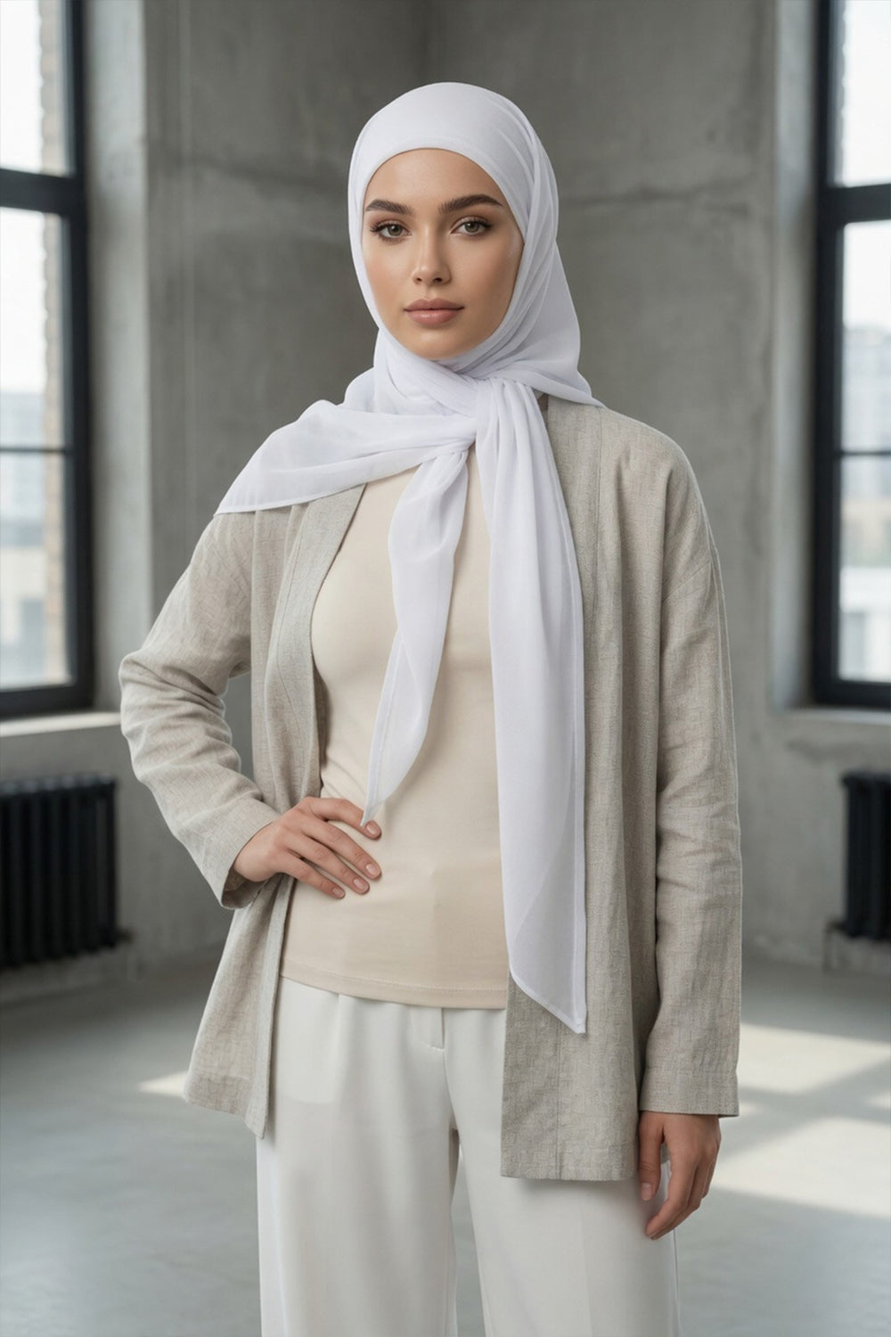 Tie-Back Chiffon Shawl Hijab with Built-In Jersey Underscarf, Non-Slip Ready-to-Wear Chiffon Hijab,PS-61 White