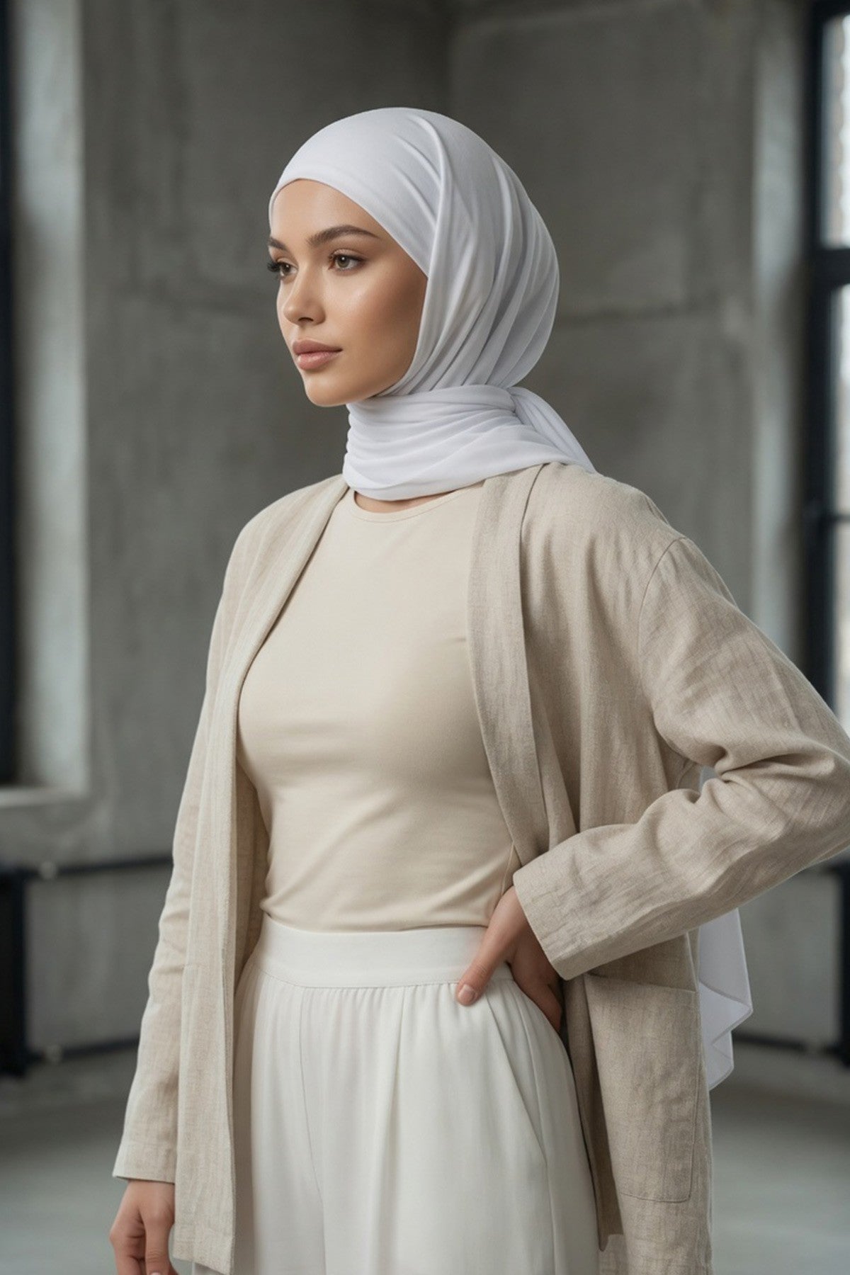 Tie-Back Chiffon Shawl Hijab with Built-In Jersey Underscarf, Non-Slip Ready-to-Wear Chiffon Hijab,PS-61 White