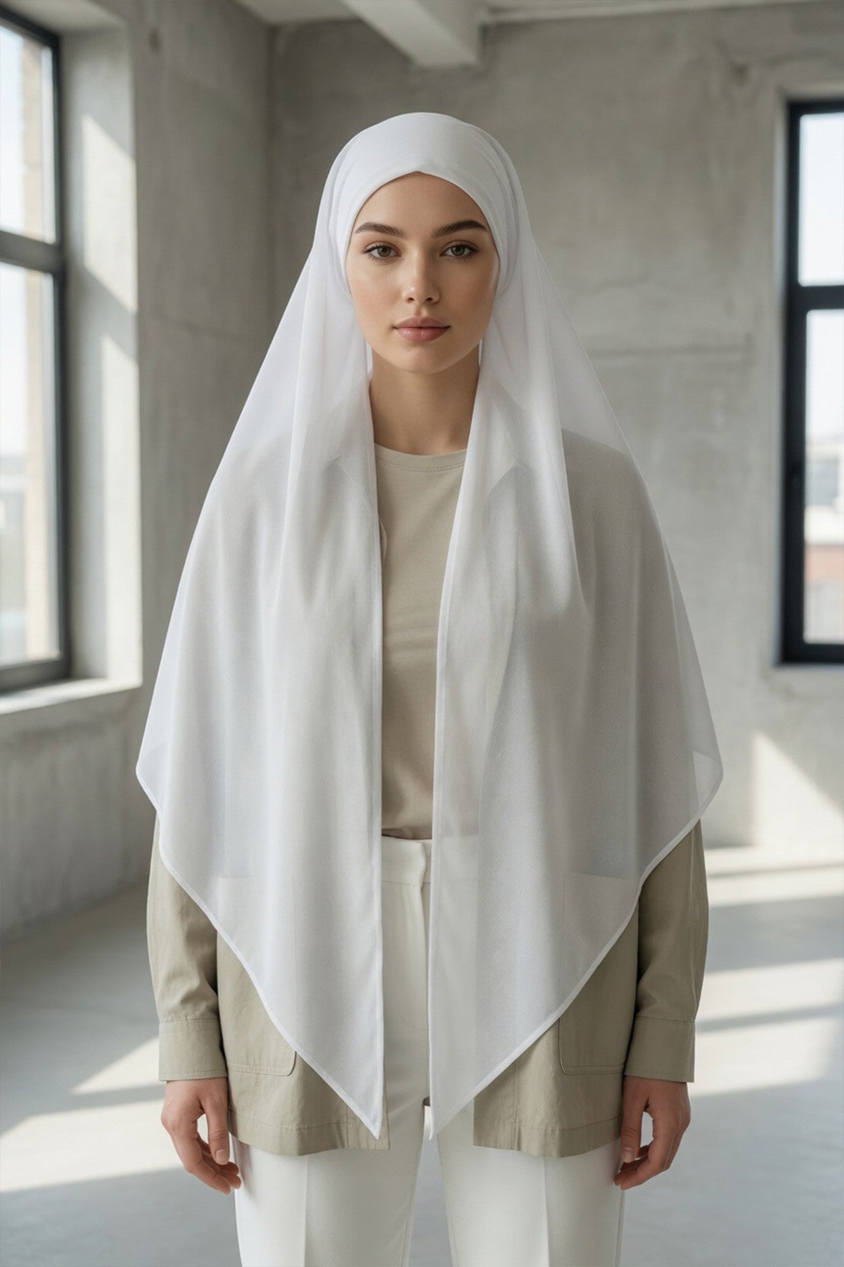 Tie-Back Chiffon Shawl Hijab with Built-In Jersey Underscarf, Non-Slip Ready-to-Wear Chiffon Hijab,PS-61 White