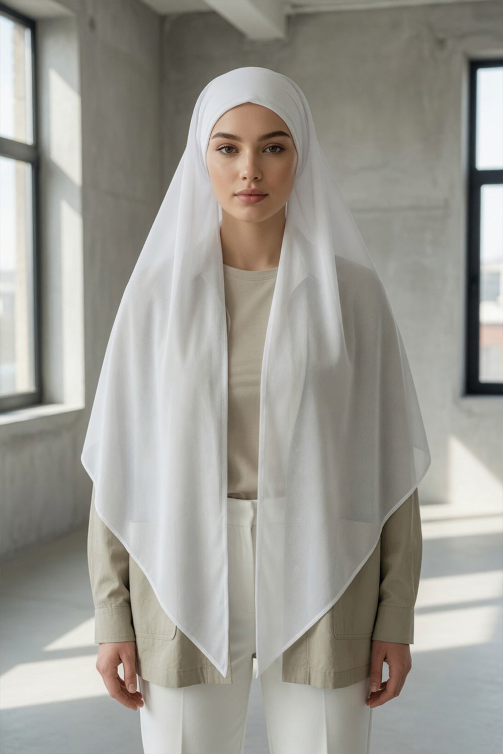 Tie-Back Chiffon Shawl Hijab with Built-In Jersey Underscarf, Non-Slip Ready-to-Wear Chiffon Hijab,PS-61 White