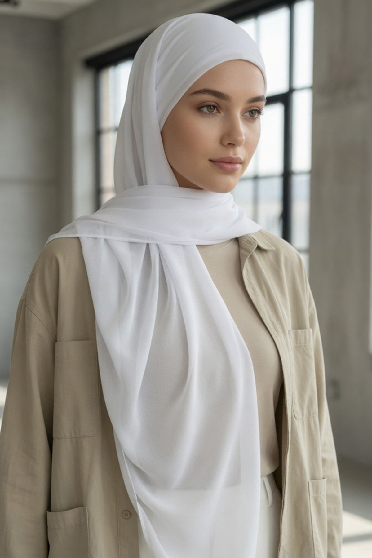 Tie-Back Chiffon Shawl Hijab with Built-In Jersey Underscarf, Non-Slip Ready-to-Wear Chiffon Hijab,PS-61 White