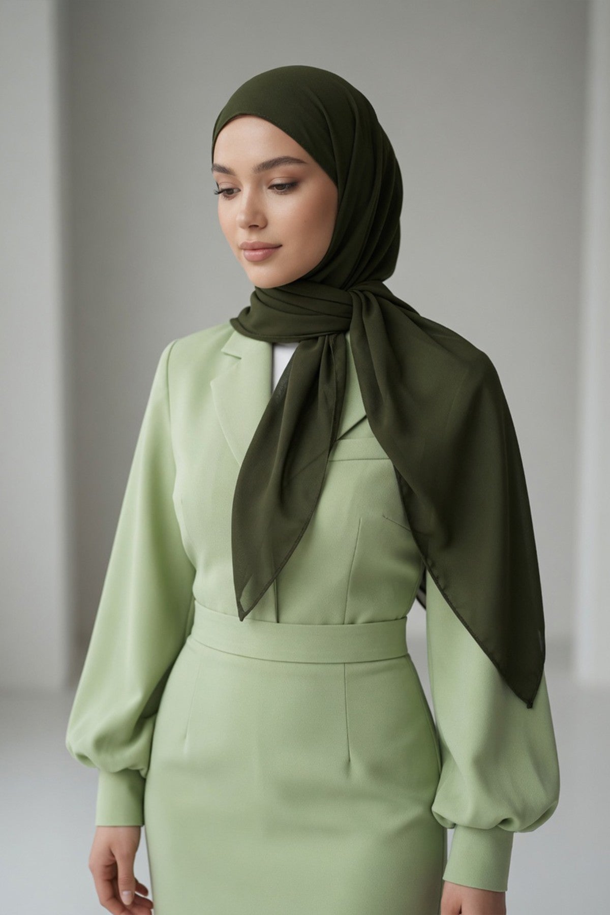 Tie-Back Chiffon Shawl Hijab with Built-In Jersey Underscarf, Non-Slip Ready-to-Wear Chiffon Hijab,PS-61 Army Green