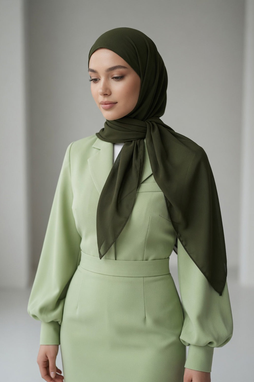 Tie-Back Chiffon Shawl Hijab with Built-In Jersey Underscarf, Non-Slip Ready-to-Wear Chiffon Hijab,PS-61 Army Green