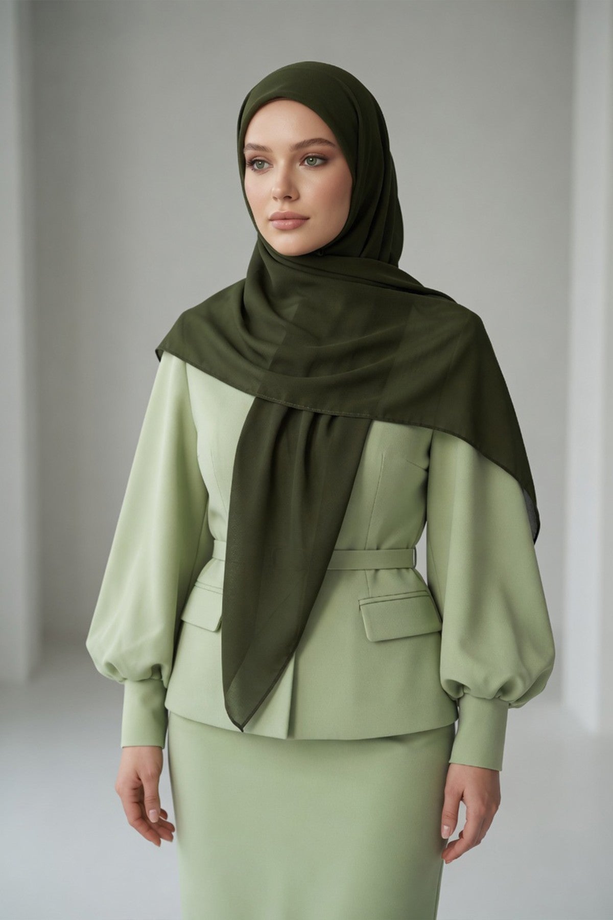 Tie-Back Chiffon Shawl Hijab with Built-In Jersey Underscarf, Non-Slip Ready-to-Wear Chiffon Hijab,PS-61 Army Green