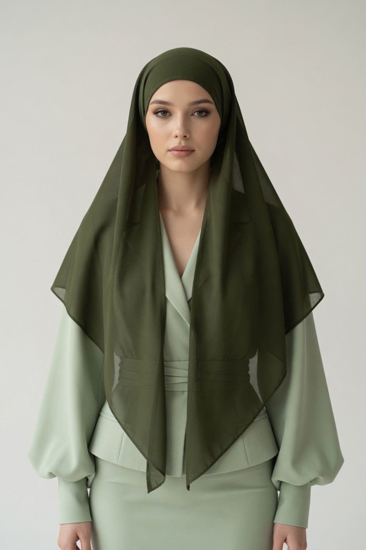Tie-Back Chiffon Shawl Hijab with Built-In Jersey Underscarf, Non-Slip Ready-to-Wear Chiffon Hijab,PS-61 Army Green