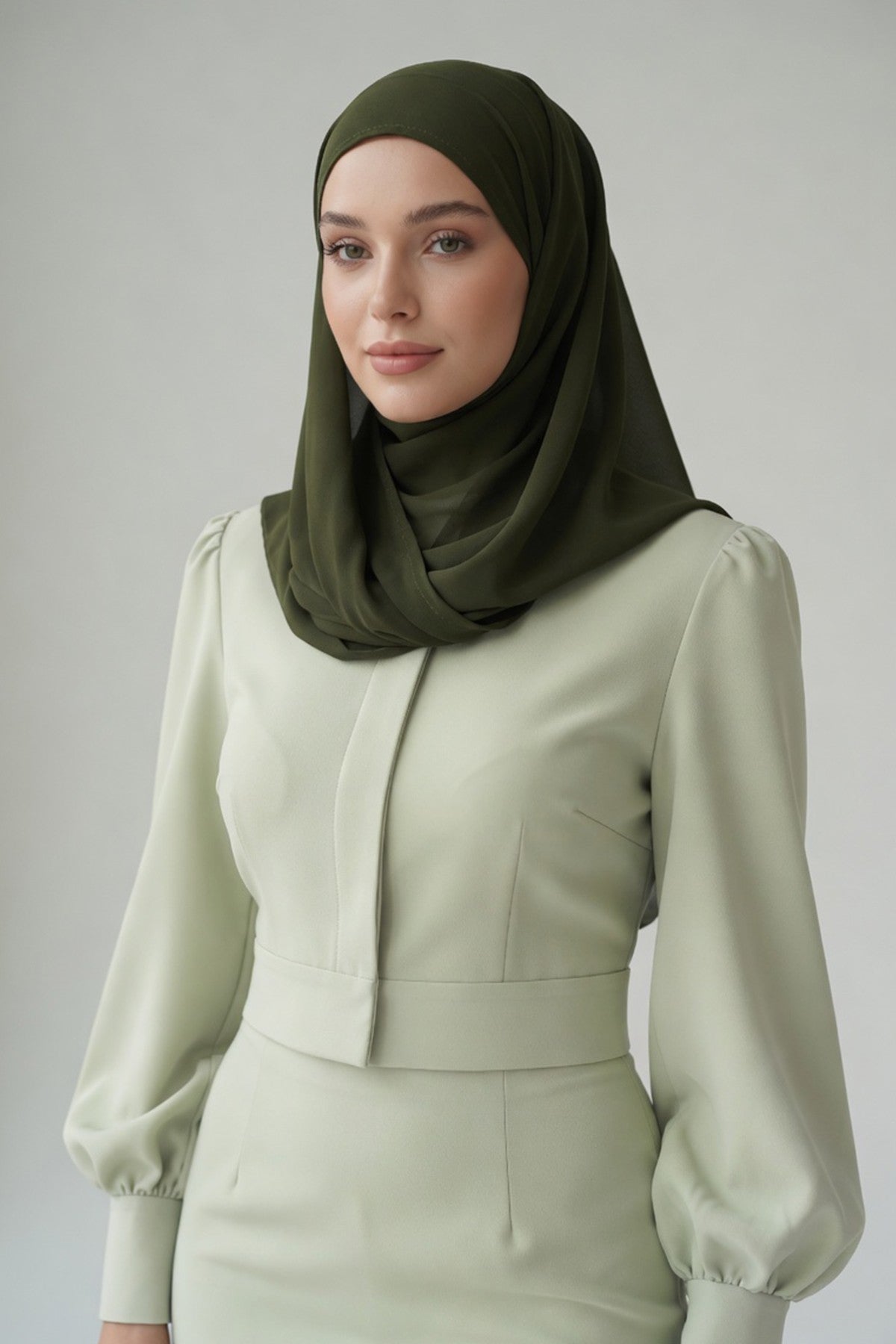 Tie-Back Chiffon Shawl Hijab with Built-In Jersey Underscarf, Non-Slip Ready-to-Wear Chiffon Hijab,PS-61 Army Green