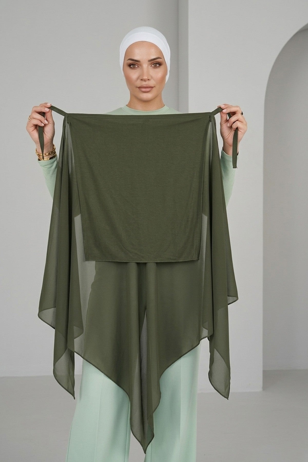 Tie-Back Chiffon Shawl Hijab with Built-In Jersey Underscarf, Non-Slip Ready-to-Wear Chiffon Hijab,PS-61 Army Green