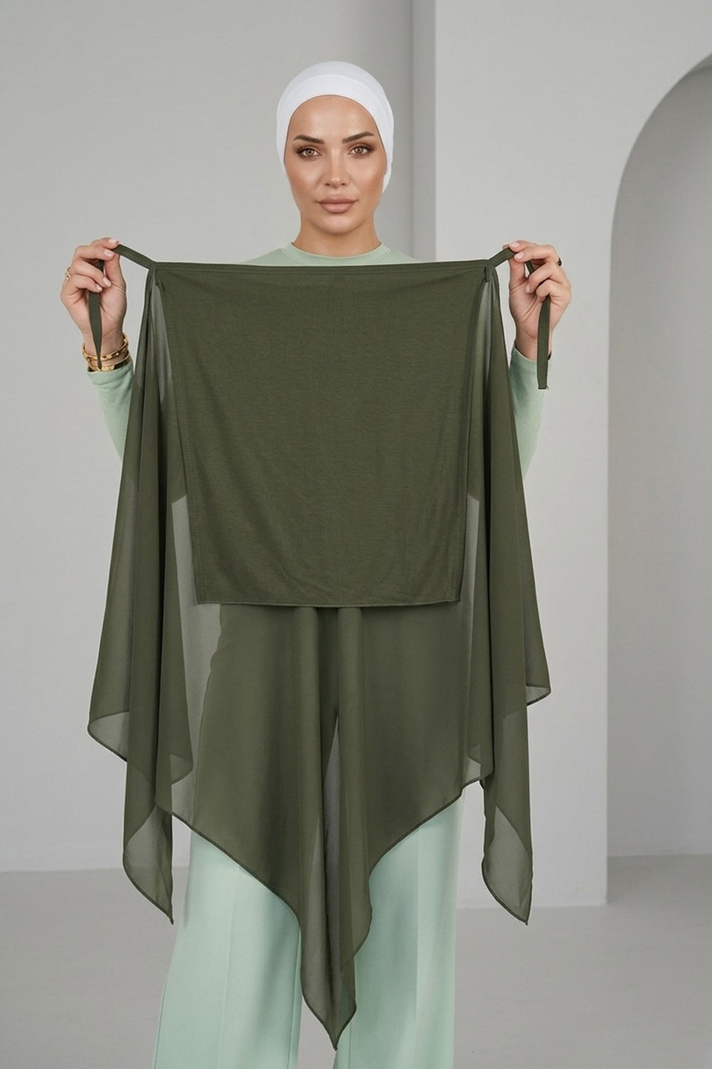 Tie-Back Chiffon Shawl Hijab with Built-In Jersey Underscarf, Non-Slip Ready-to-Wear Chiffon Hijab,PS-61 Army Green